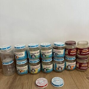 Lot Of 14 VTG‎ Gerber & Heinz Baby Food Empty Glass Jars Assorted Flavors 90's